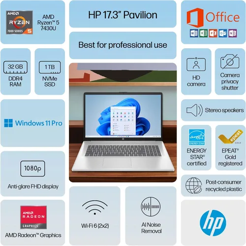 Miniatura 2 de HP 17 Laptop Empresarial, pantalla FHD IPS de 17.3 pulgadas, 32 GB RAM, 1.5 TB de almacenamiento (1 TB SSD + 500 GB de unidad externa), procesador