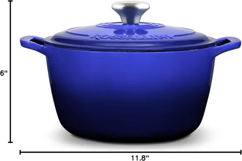 Miniatura 10 de ROSSALLINI Signature - Horno holandés de hierro fundido esmaltado, olla antiadherente con tapa de ajuste ajustada para asar perfectos, hornear, Azul