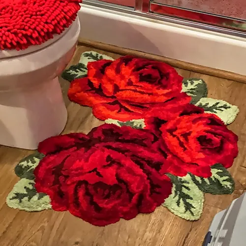 Miniatura 3 de UKELER Alfombras de baño con rosas rojas para baño, alfombras de área de flores suaves, antideslizantes, absorbentes, alfombra de baño de 27.5 x Rojo