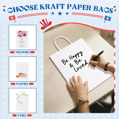 Miniatura 6 de Bolsas de papel blanco MESHA con asas 10x5x13 pulgadas, paquete de 50, grandes bolsas de regalo de papel kraft con asas a granel para pequeñas