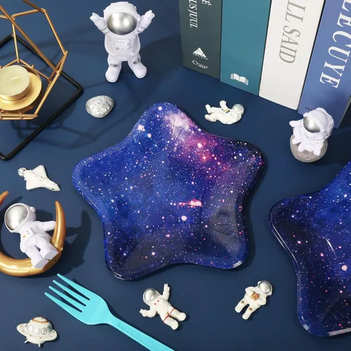 Miniatura 6 de Whaline 40 platos de papel de estrella, platos desechables de galaxia espacial, coloridos platos decorativos de postre para vacaciones, cumpleaños
