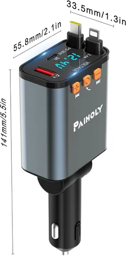 Miniatura 9 de Adaptador Bluetooth 5.3 para automóvil, transmisor FM cargador de coche Bluetooth, cargador de coche retráctil 4 en 1, adaptador de carga rápida USB