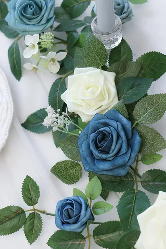 Miniatura 6 de PONATIA Guirnalda de flores artificiales de rosas hechas a mano de 5 pies, guirnalda de flores azul polvoriento y follaje para ceremonia de boda