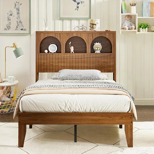 Miniatura 10 de Lxsxlome Base de cama matrimonial con cabecera ondulada, cabecera de almacenamiento con 4 compartimentos de almacenamiento arqueados, marco de cama