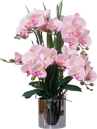 Miniatura 15 de CXGS Planta de orquídeas artificiales de tacto real, orquídeas falsas en jarrón de cerámica, naranja, 19.7 pulgadas, arreglo floral falso