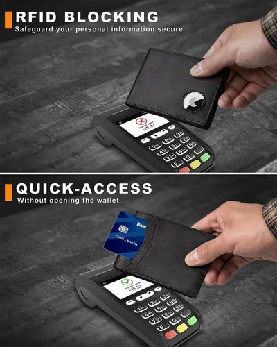 Miniatura 28 de Billetera AirTag para hombre, de piel auténtica plegable con bloqueo Rfid AirTag con ranuras para efectivo y ventana de identificación, compatible