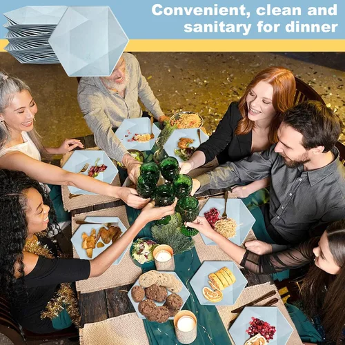 Miniatura 5 de Paquete de 30 platos de papel desechables de 8 pulgadas, platos de papel hexagonal azul, platos de postre 100% biodegradables para bodas