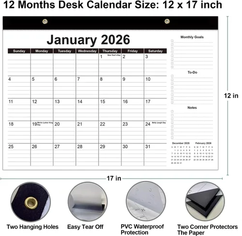 Miniatura 3 de Calendario de escritorio 2026-12 meses, de enero de 2026 a diciembre de 2026, calendario de escritorio 2026 con papel grueso, 12 x 17 pulgadas, Negro