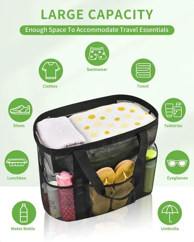 Miniatura 3 de MAY TREE Bolsa de playa de malla extragrande con múltiples bolsillos, bolsa de playa resistente para viajes familiares, campamento, natación
