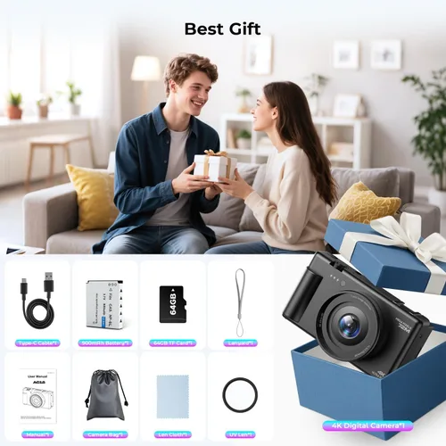Miniatura 8 de Cámara Digital 4K para Fotografía, Cámaras de Vlogging de 72MP con Enfoque Automático para YouTube con Tarjeta SD de 64GB y Batería, Zoom Digital
