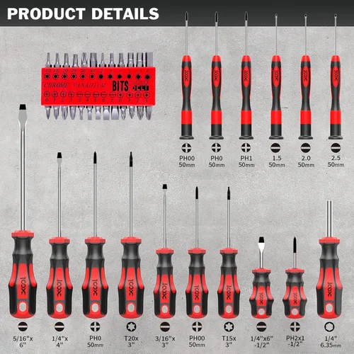 Miniatura 2 de XOOL Juego de destornilladores magnéticos de 42 piezas con estuche, juego de destornilladores Torx Phillips planos hexagonales Pozi con puntas