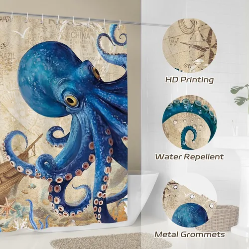 Miniatura 6 de Dazzlewall Cortina de ducha de pulpo, cortina de baño azul náutico, retro, decoración de baño, tela de poliéster impermeable con 12 ganchos, 72 x 72
