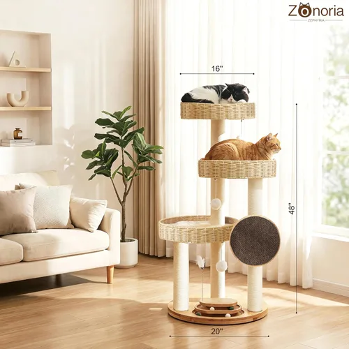 Miniatura 7 de Árbol de madera maciza para gatos grandes, torre moderna para gatos de 48 pulgadas con cestas tejidas a mano, condominio para gatos de varios