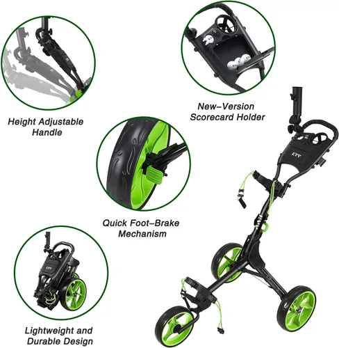Miniatura 4 de KVV Carrito de empuje de golf de 3 ruedas ultra ligero tamaño plegable más pequeño, soporte para tarjeta de puntuación de nueva versión Negro/Lime