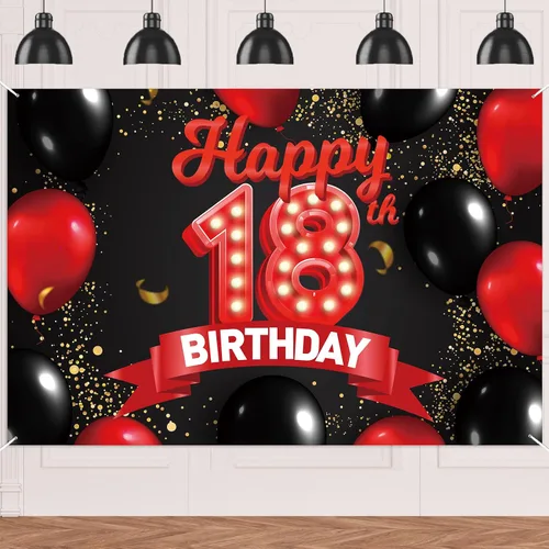 Miniatura 76 de Cartel de feliz cumpleaños 15 color rojo y negro, decoración temática de globos para niñas y mujeres, princesas de 15 años, fiesta de cumpleaños