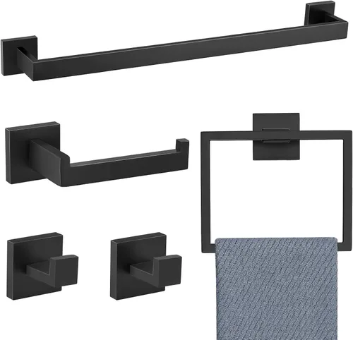 Juego de 5 accesorios de baño de acero inoxidable SUS304, montaje en pared de 23.6 pulgadas Negro mate