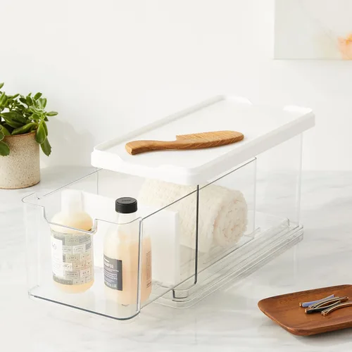 Miniatura 8 de iDesign The Sarah Tanno Collection - Organizador de cajones de cosméticos apilables, tamaño mediano, con tapa y divisor, transparente/blanco