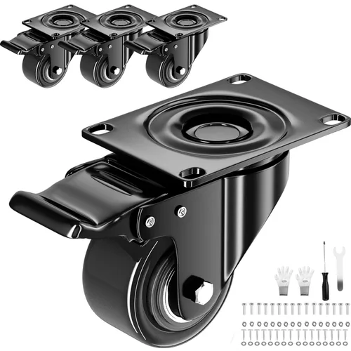 Ruedas giratorias de 2 pulgadas, juego de 4 ruedas resistentes con freno, ruedas giratorias de placa industrial de 600 libras, ruedas silenciosas