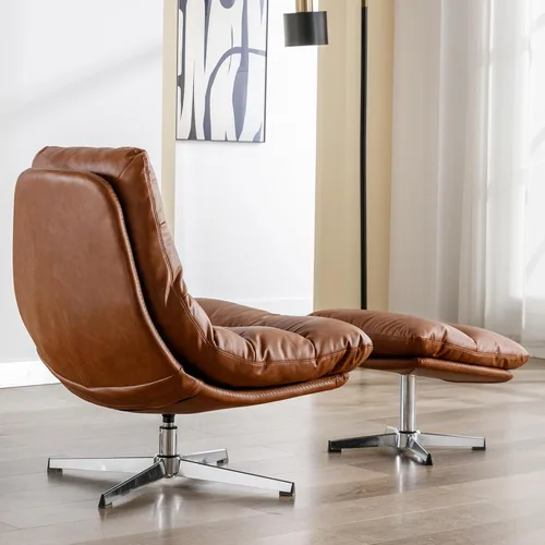 Miniatura 7 de HNY Silla de salón giratoria marrón con otomana moderna silla de cuero sintético con reposapiés de 33 pulgadas de ancho, silla de lectura tapizada