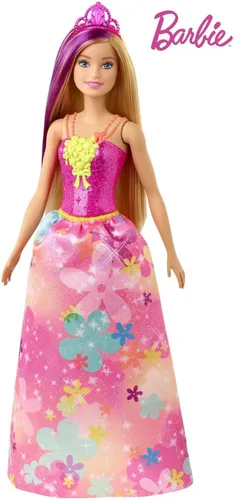 Miniatura 7 de Barbie Dreamtopia Royal Fashion Muñeca y accesorio, rubio con rayas moradas con falda rosa extraíble y diadema