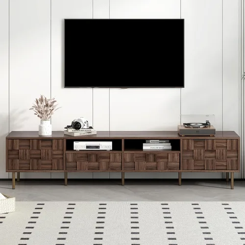 Miniatura 23 de JIVOIT Moderno soporte de TV de ratán para televisores de hasta 80 pulgadas, mesa consola inspirada en ratán con 3 gabinetes y 2 cajones, armario