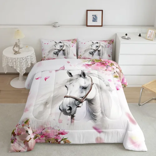 Erosebridal Juego de funda de edredón para niñas con temática de caballos, chic, con flores de cerezo, para niños y adolescentes, con caballos al