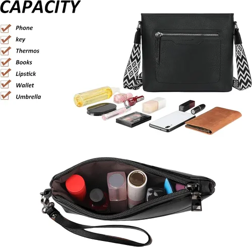 Miniatura 4 de TANTOMI Bolsos de mano para mujer, bolso cruzado grande de cuero, bolso de hombro con cartera correas ajustables Negro