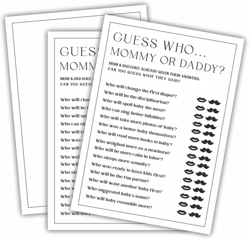 Juego de 30 juegos de fiesta de baby shower de 5 x 7 pulgadas, minimalismo en blanco y negro, juego de mamá o papá para los deseos de los invitados