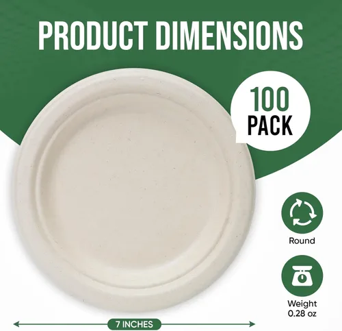 Miniatura 2 de TaidMiao Paquete de 100 platos de papel de 7 pulgadas, platos desechables 100% compostables, platos de postre resistentes, platos de caña de azúcar