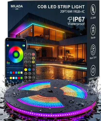 Luces de tira LED COB, RGB Smart IC, IP67 Impermeable, Regulable 20FT/6M, Tira de luz con flujo de color con control de aplicación y sincronización