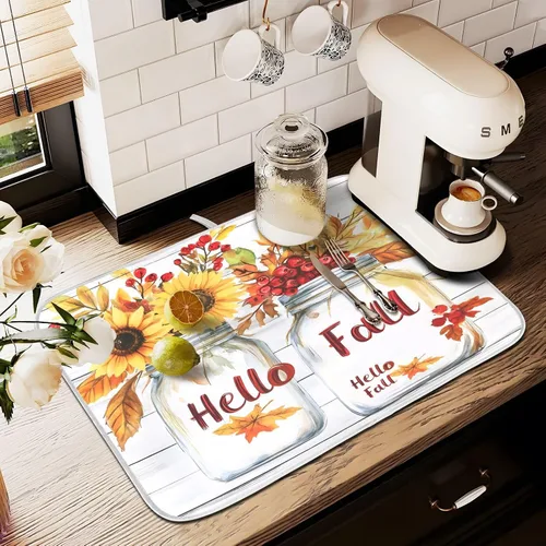 Miniatura 8 de Tapete de secado de platos de hojas de otoño y girasol, almohadilla absorbente de secado rápido, protector para encimera de cocina, 16 x 18 pulgadas