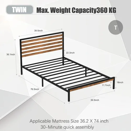 Miniatura 2 de Marco de cama individual combinado de madera y metal con cabecero, plataforma estable con soporte de listones de acero, cama doble, no necesita