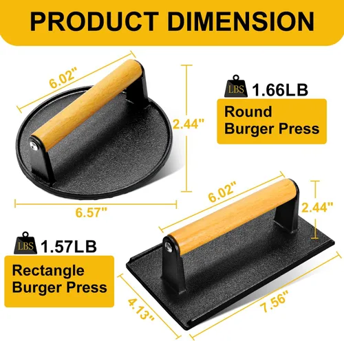 Miniatura 2 de AIVIKI Prensa de hamburguesas, prensa de hamburguesas smash para plancha Blackstone, hierro fundido resistente redondo de 6.9 pulgadas y rectangular