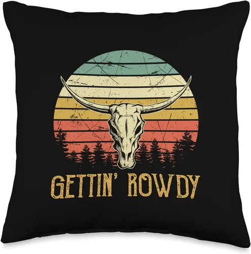 Vintage Retro by 4Do Limited Gettin' Rowdy Bull Skull Longhorn - Almohada para despedida de soltera, 16 x 16 pulgadas, multicolor