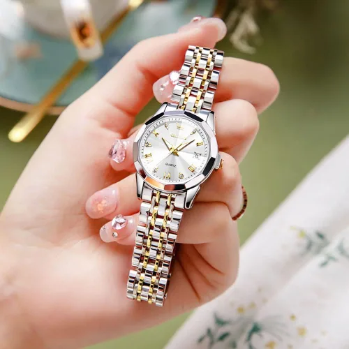 Miniatura 8 de OLEVS Juego de 2 relojes de cuarzo para parejas de San Valentín, calendario luminoso, ventana de fecha, 3 ATM, impermeable, casual, acero