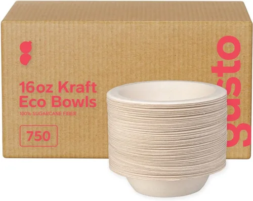 Miniatura 11 de GUSTO Cuencos de papel resistentes 100% compostables de 12 onzas (paquete de 125) de caña de azúcar desechable ecológica, papel kraft