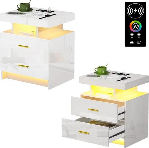 Miniatura 18 de HNEBC Mesita de noche LED, RGB blanco con estación de carga USB/inalámbrica, moderna mesita de noche con sensor automático de luces RGB, mesa blanco