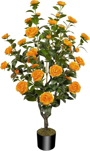 Árbol artificial de 43.3 pulgadas / 3.6 pies con flores de camelia, árbol de otoño falso con 32 flores florecientes, árbol naranja para otoño,