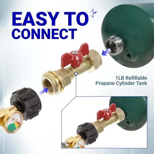 Miniatura 6 de BlueStars Adaptador de tanque de propano mejorado de 1 libra con válvula: 100% latón macizo Convertidor de 20 libras a 1 libra CGA600 a QCC1 rosca