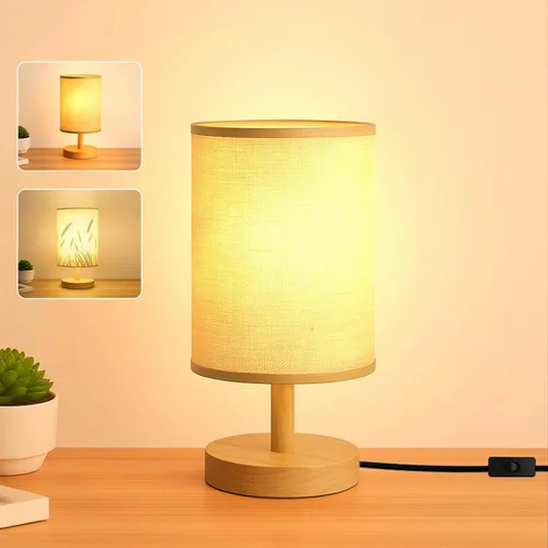 Miniatura 10 de Lámpara de escritorio con bombilla LED incluida, pequeña lámpara de mesita de noche enchufable, base de madera clásica con pantalla de tela de lino