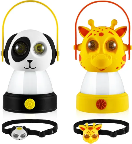 VIHOSE 2 Juego de Linterna de Camping LED para Niños y Linterna de Cabeza 4 Piezas Equipo de Camping Temático de Animales Luz Nocturna Alimentada