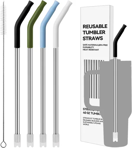 Miniatura 13 de 4 popotes de acero inoxidable para vaso Yeti de 30 onzas, pajitas de metal reutilizables con puntas de silicona para vasos de 30 onzas, popote