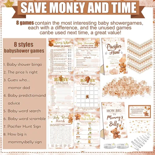 Miniatura 4 de Sherr Juego de 424 chupetes para baby shower, incluye letrero de caza y 50 chupetes acrílicos, Bingo Price Guess How Is Big Search for Brown Baby