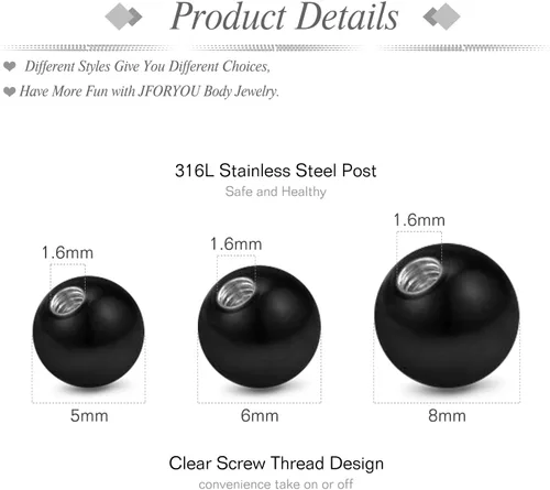 Miniatura 2 de JFORYOU Bolas de repuesto 14G para joyería de piercing, 18 unidades, bolas de acero quirúrgico roscadas externamente, barra industrial, lengua