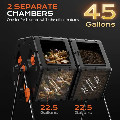 Miniatura 2 de Vaso de abono para exteriores de 45 galones/170L, contenedor de abono grande de doble cámara para jardín, patio trasero y patio, apertura grande