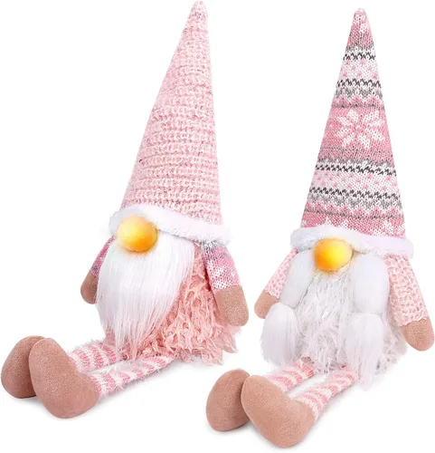 D-FantiX Decoraciones de gnomos rosados de Navidad de San Valentín, paquete de 2 gnomos suecos Tomte hechos a mano con iluminación LED, figura