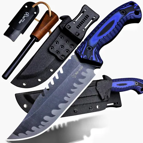 BA-KOR Cuchillo de Caza de Hoja Fija de Tang Completo de 12.4 Pulgadas – Acero 9CR18MoV de 6mm, Mango G10, Hoja Dentada con Acabado Lavado a la
