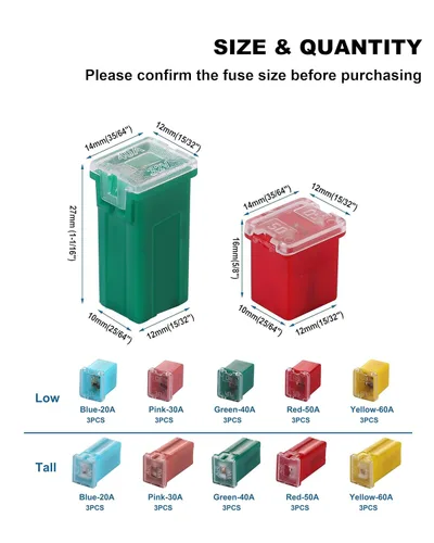 Miniatura 4 de Kit de surtido de 30 fusibles para automóviles, fusibles automotrices de perfil alto y bajo en forma de caja para camiones, coches, vehículos