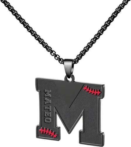 Miniatura 9 de Ldurian Collar personalizado con nombre de béisbol, cadena negra de acero inoxidable, collar con nombre deportivo, letra A-Z de 24 pulgadas, regalos