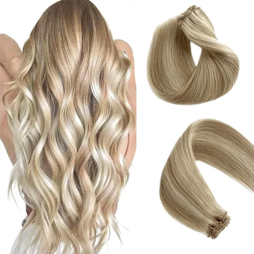 Miniatura 12 de Extensiones de trama de cabello humano real, para coser, con mechas rubias, cabello Remy marrón cenizo mezclado con rubio platino, atado a mano - 14